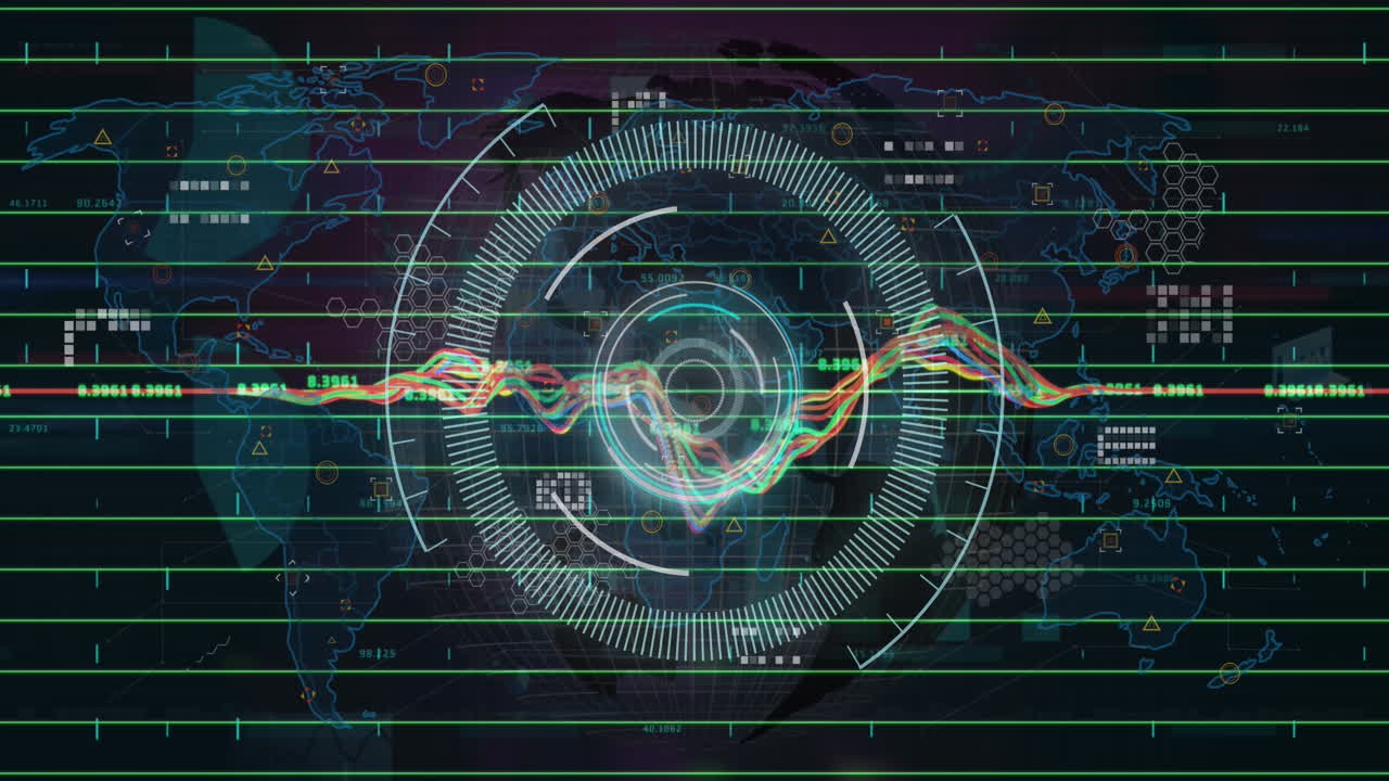 animación de escáner redondo y procesamiento de datos sobre el mapa del mundo contra un fondo negro