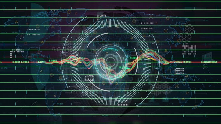 Animation of round scanner and data processing over world map against black background