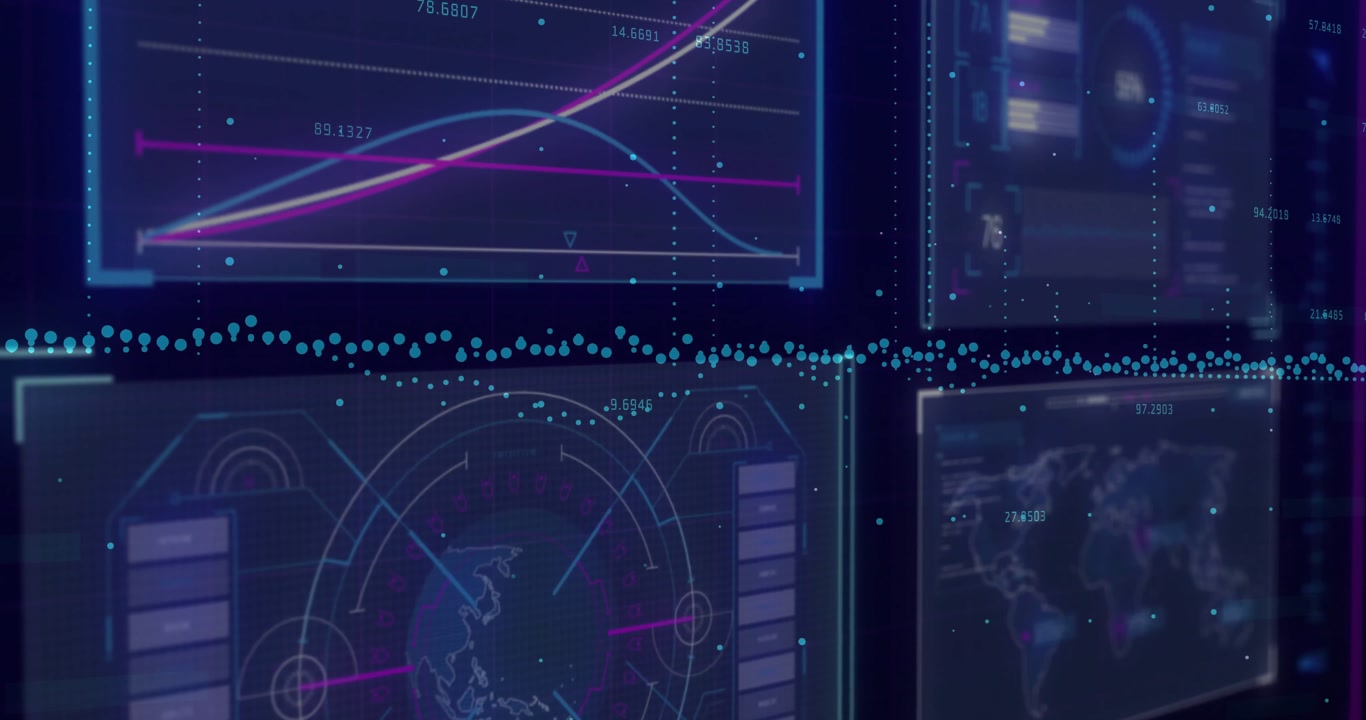 Semi-transparent digital dashboard showing line charts and world map overlay floating data points