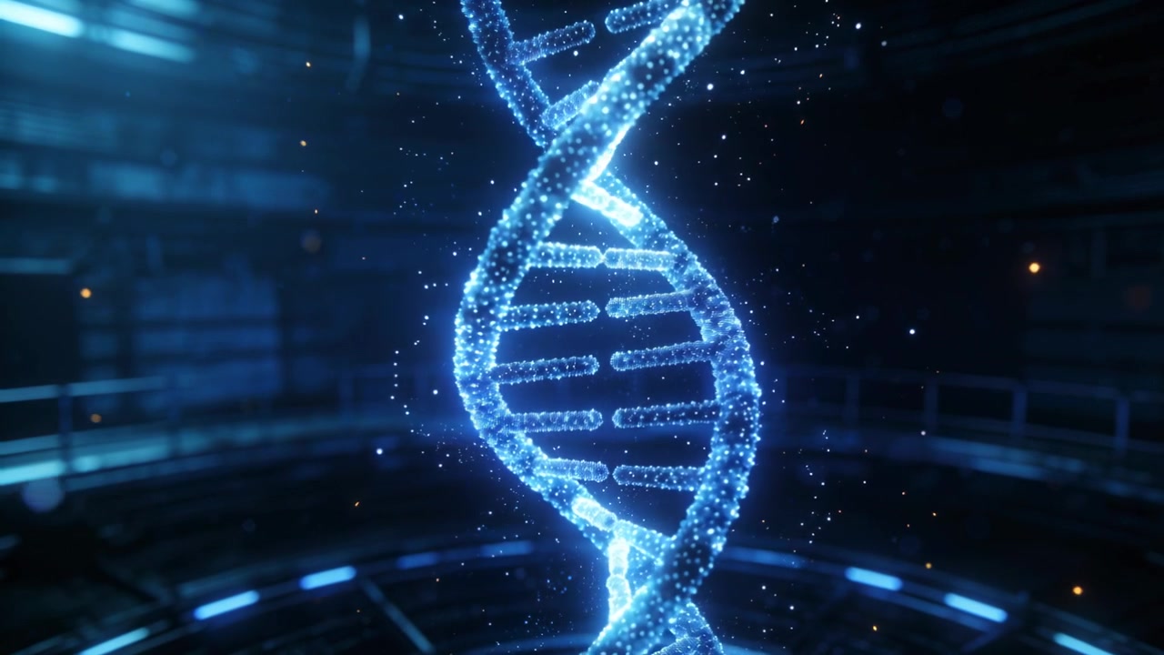 Sistem etkinleştiriliyor, laboratuvarda gösterim için mavi halkalarla dönen ve nabız gibi atan bir holo DNA sarmalı başlıyor.