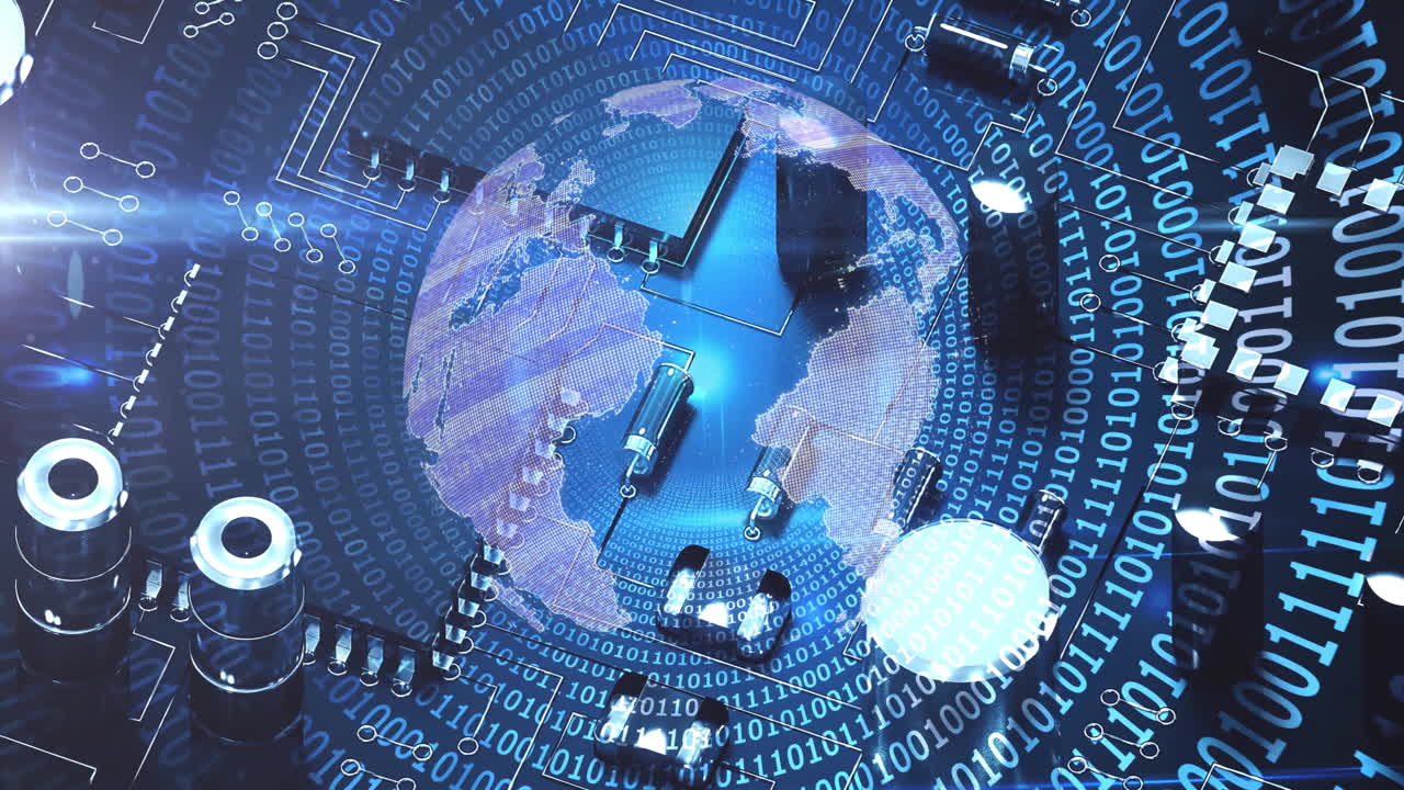 컴퓨팅 보드 위에서 회전하는 지구의 애니메이션과 이진 코딩