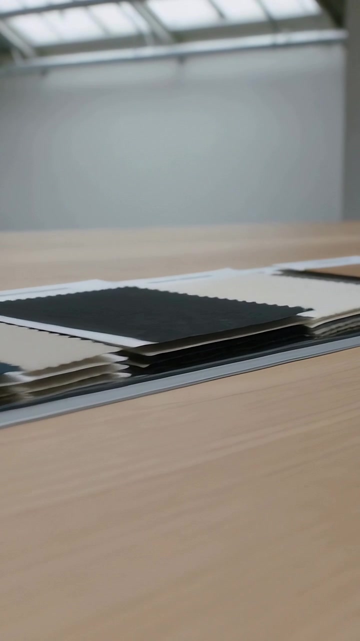Vertical video: Panning camera revealing swatch book in metal channel in studio for selection