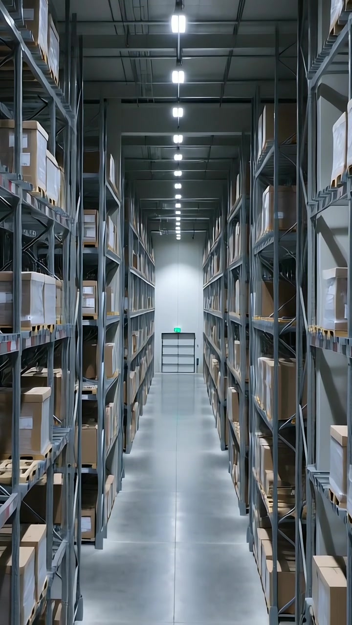 Vertical video: Moving camera forward down warehouse aisle, emphasizing depth and metal racks