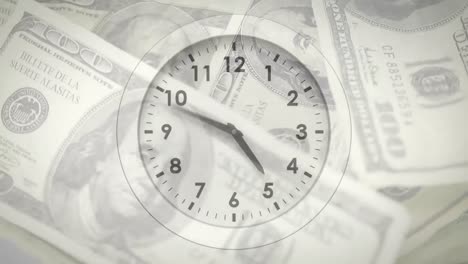 animation of clock ticking over american dollar bills