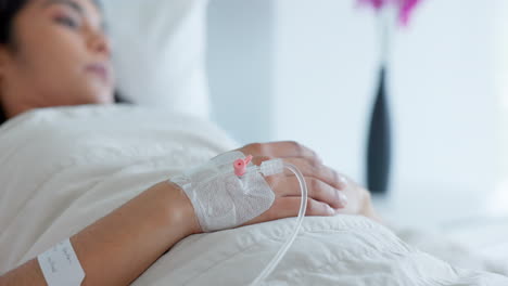 Woman-hand,-bed-and-drip-in-closeup