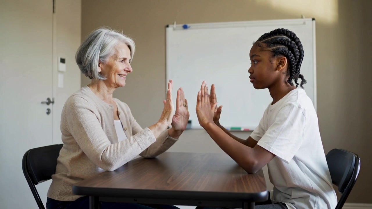 Smiling senior in cardigan guiding teen in white tee repeating presses at table in room, whiteboard