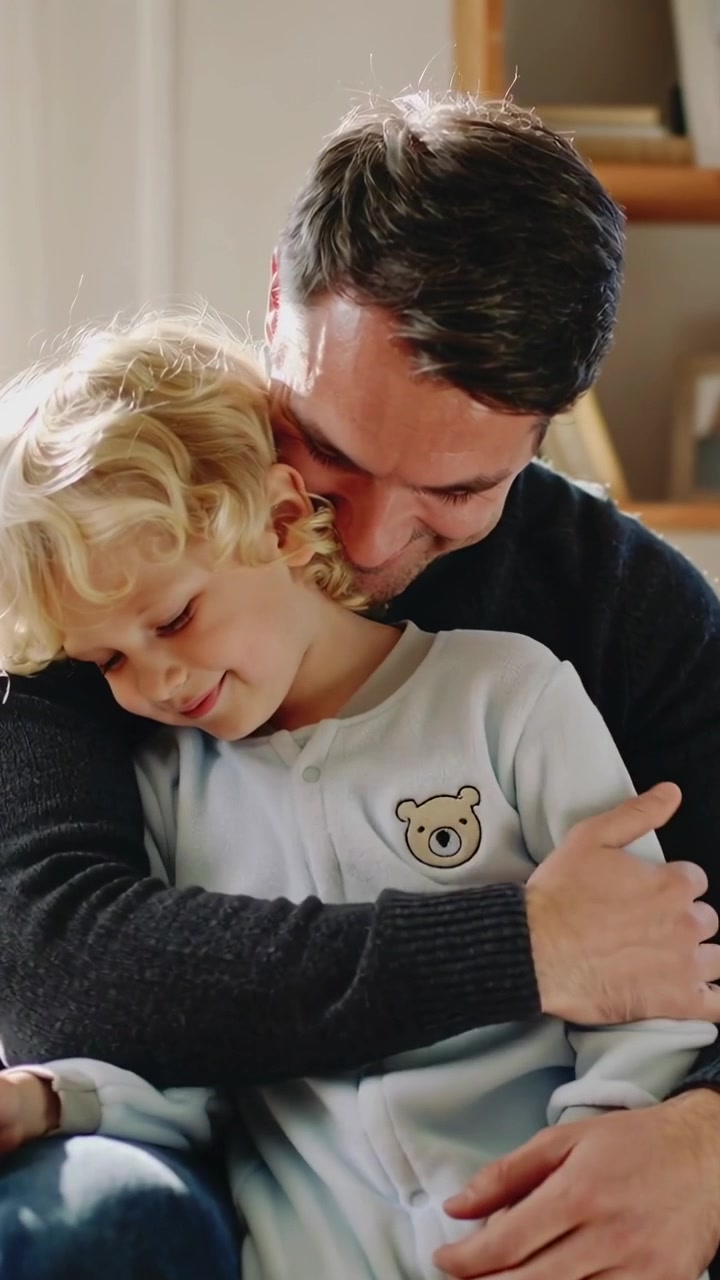 Video verticale: Papà in maglione scuro che coccola il figlio sul divano di casa consolando il bambino in pigiama blu