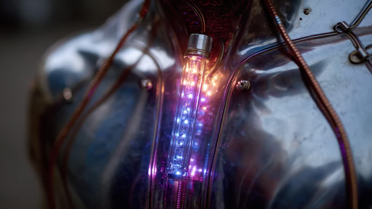 Illuminated Robotic Chest Reactor: A Close-Up of a Futuristic Metallic Exoskeleton with a Vibrant Energy Core Displaying Dynamic Light Patterns