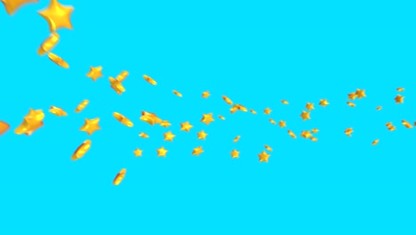 realistic 3d cartoon yellow stars flying and rotated on blue background. abstract bright concept for games or broadcast decoration. loop 3d animation.