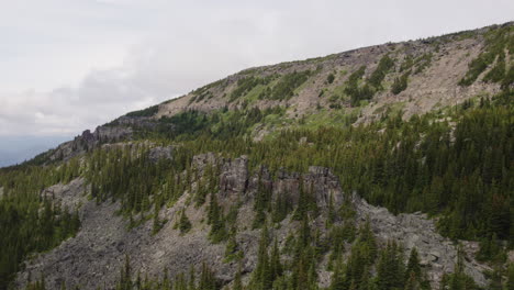 Rugged-rocky-forested-landscape-on-mountainside,-British-Columbia-nature,-aerial