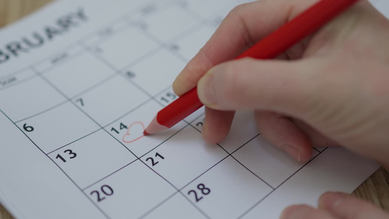 feliz día de san valentín nota de escritura a mano corazón lápiz rojo calendario 14 de febrero