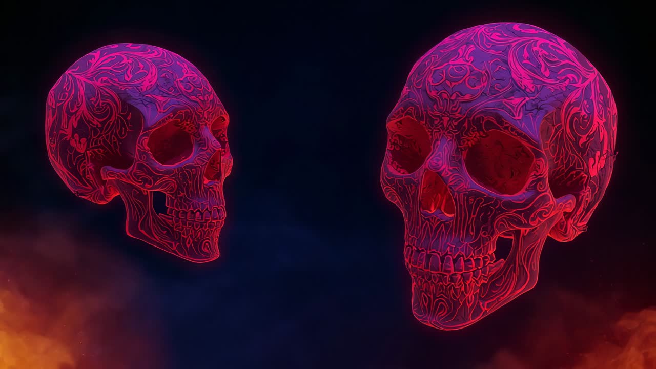 Starting playback two neon red skulls rotating, revealing motifs against void, drifting orange mist