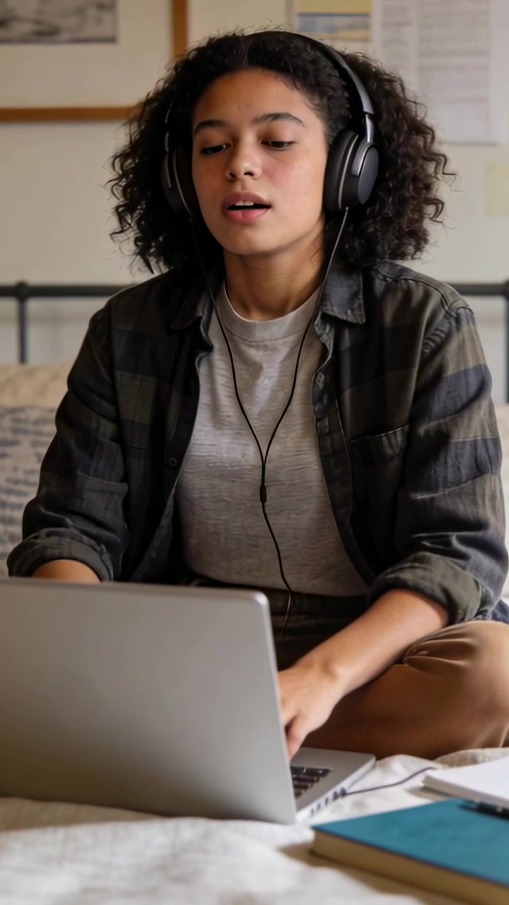 Video vertical: Estudiante con camiseta a cuadros iniciando audio, con auriculares en el dormitorio cantando, escribiendo en el portátil