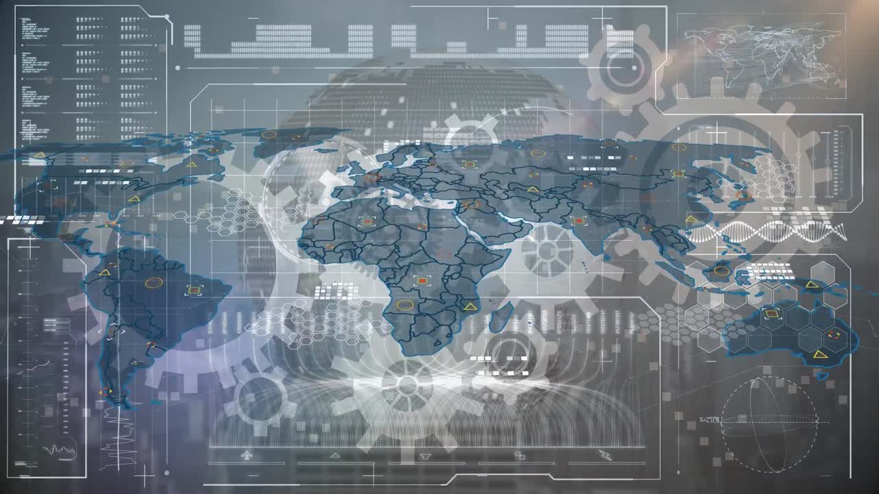 animación de iconos de configuración girando sobre interfaz digital con procesamiento de datos en fondo gris