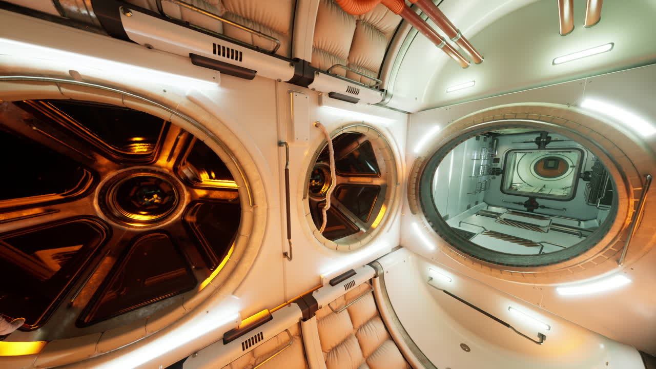 Interior of a futuristic space station with equipment and observation windows