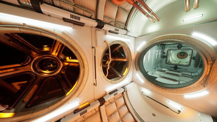 Interior of a futuristic space station with equipment and observation windows