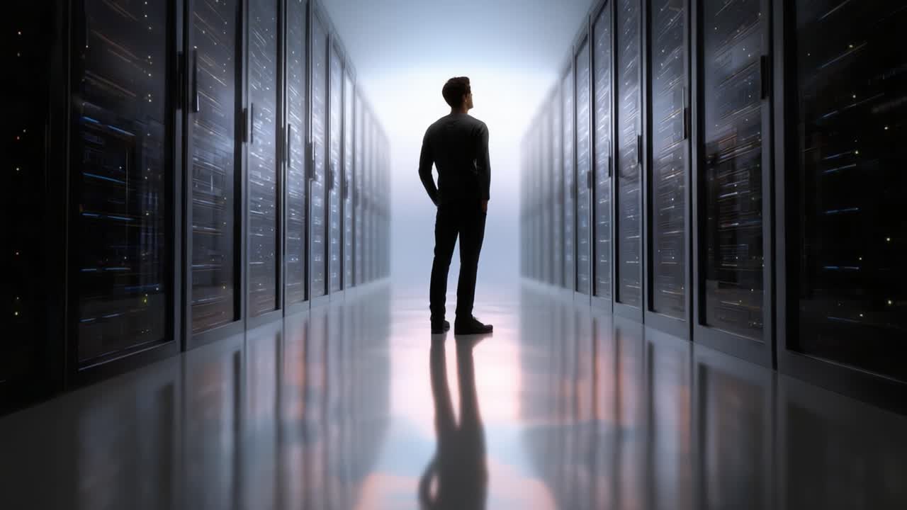 Una persona è in piedi in un data center scarsamente illuminato, mentre osserva file di server, riflettendo sull'immenso mondo della tecnologia e della gestione dei dati che li circonda.