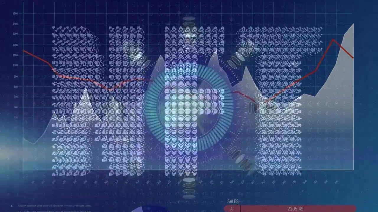 Animation of scope scanning over data processing with nft text on blue background