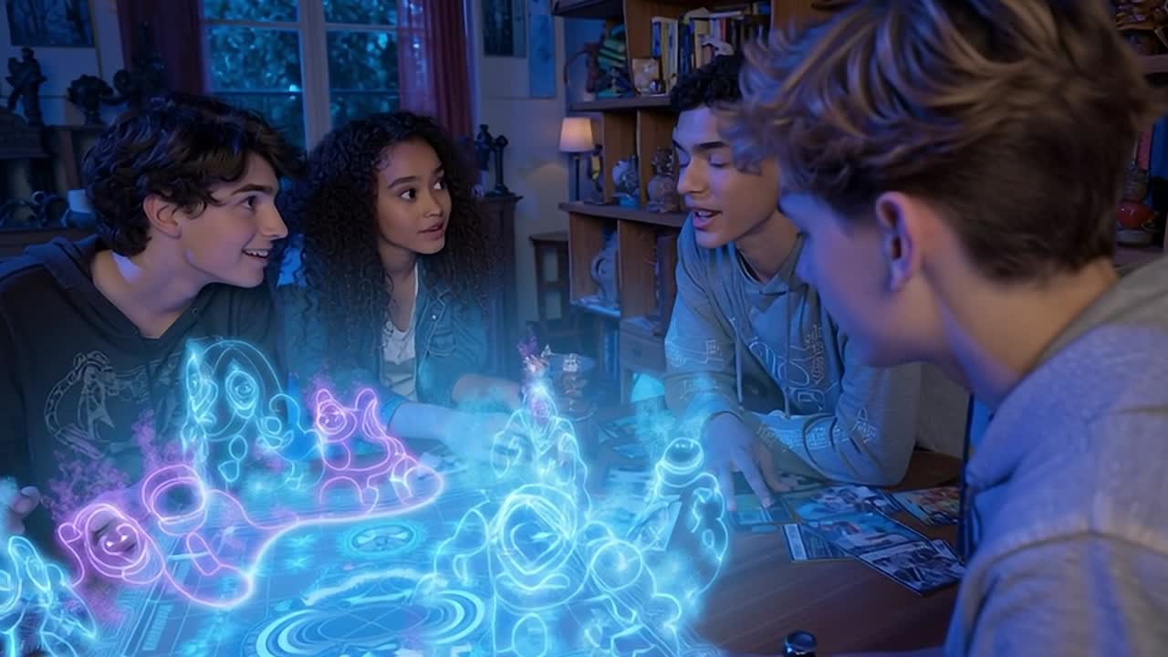 Amigos desfrutam de uma noite de jogos holográficos interativos juntos em casa