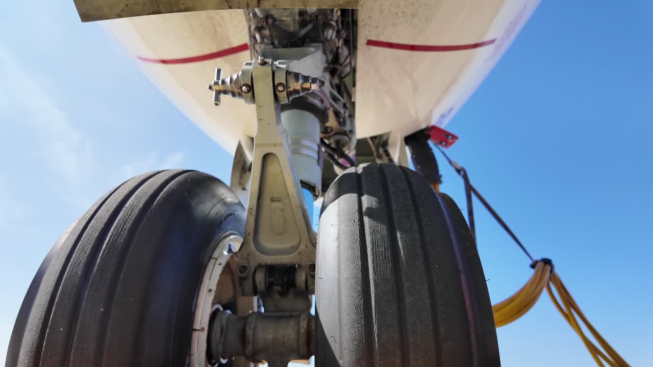 Extreme low angle view of the nose wheels of a jet tilting up. Airplane parked on the apron with a bright blue sky. 4K