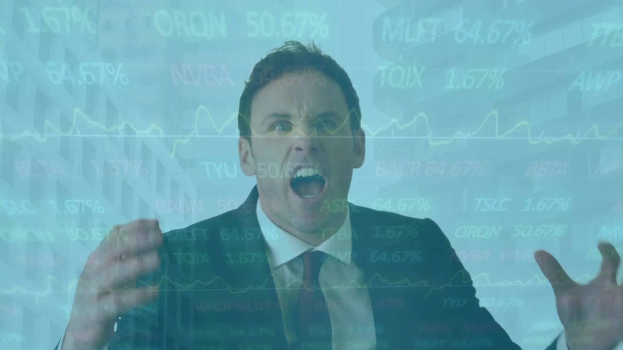 Animation of stock market data processing over angry caucasian businessman screaming