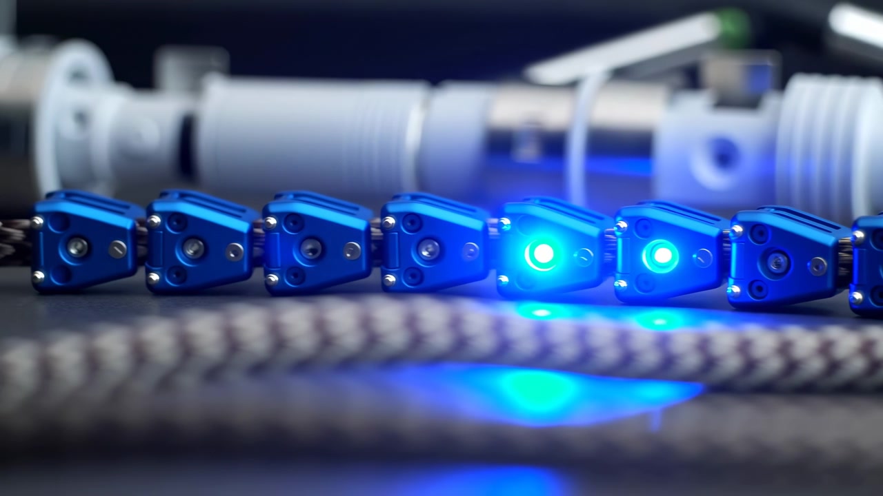 Primer plano en ángulo bajo de actuadores modulares azules compactos alineados horizontalmente en el medio-primer plano, con las dos unidades más a la derecha iluminadas por brillantes LED azules que proyectan.