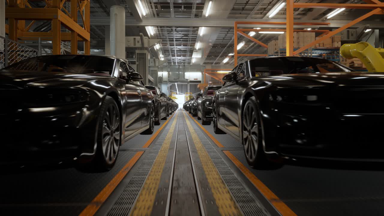 interior de la fábrica de automóviles. carrocería de color negro en una línea de ensamblaje de automóviles planta industrial, fábrica de automóbiles, instalación de fábrica de producción de automóviles