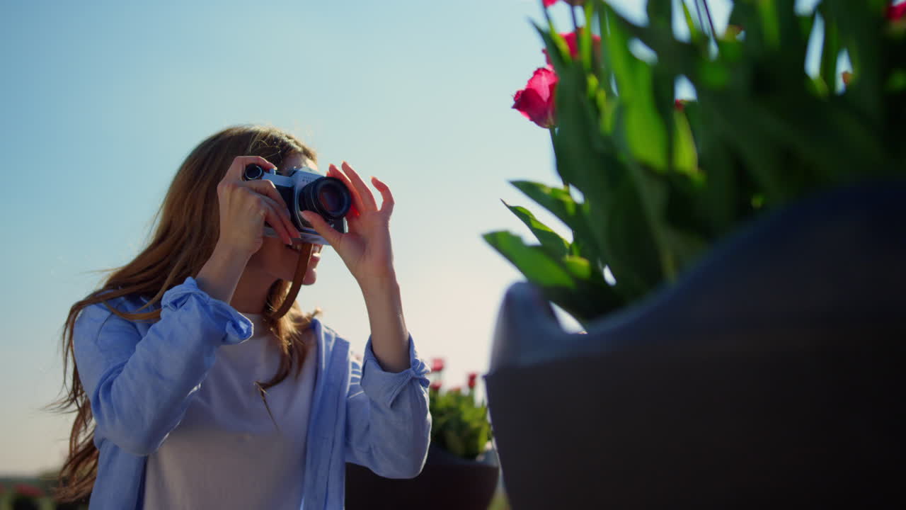 mujer de primer plano tomando una foto de tulipán al sol. niña irreconocible disfrutando de pasatiempo