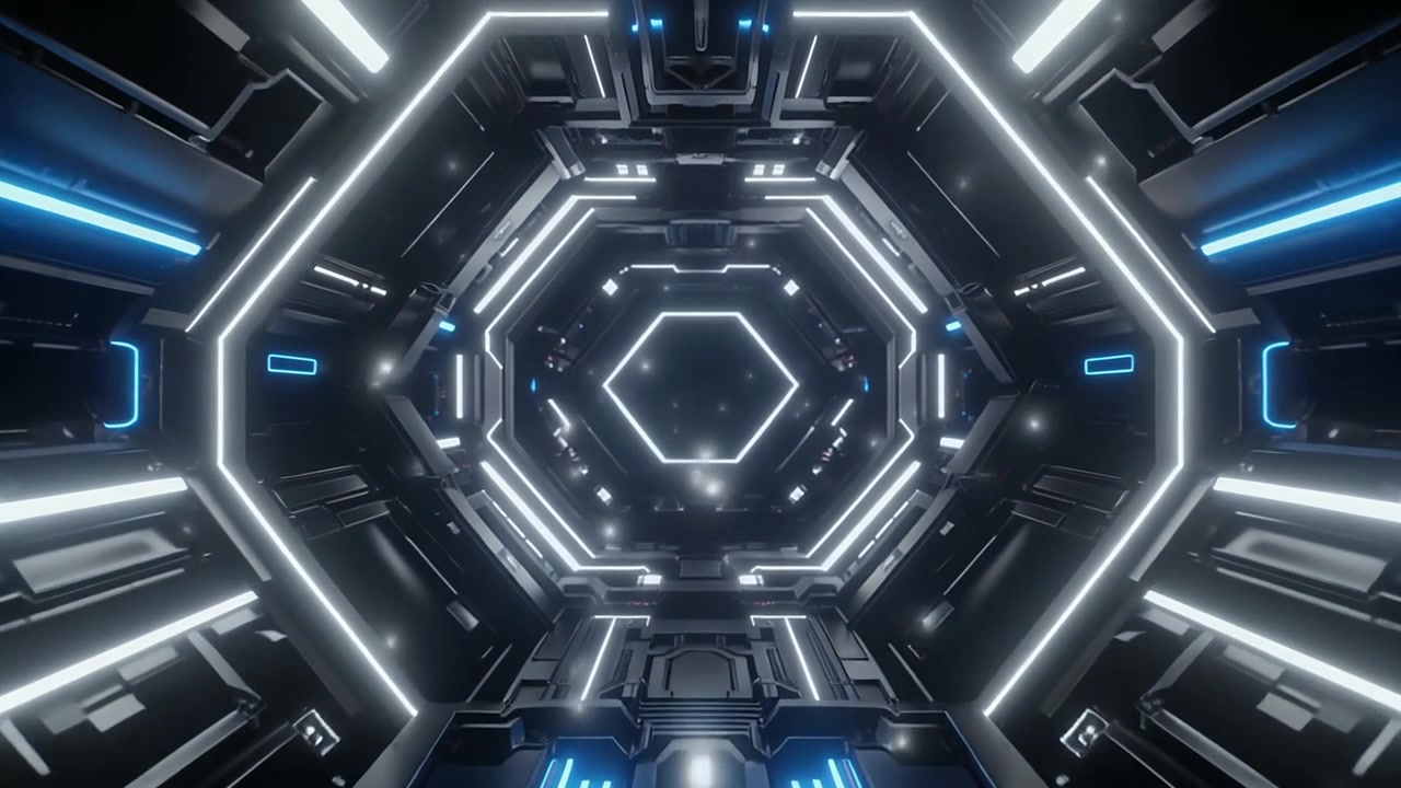 Flyr gjennom en futuristisk heksagonal tunnel med neonlys