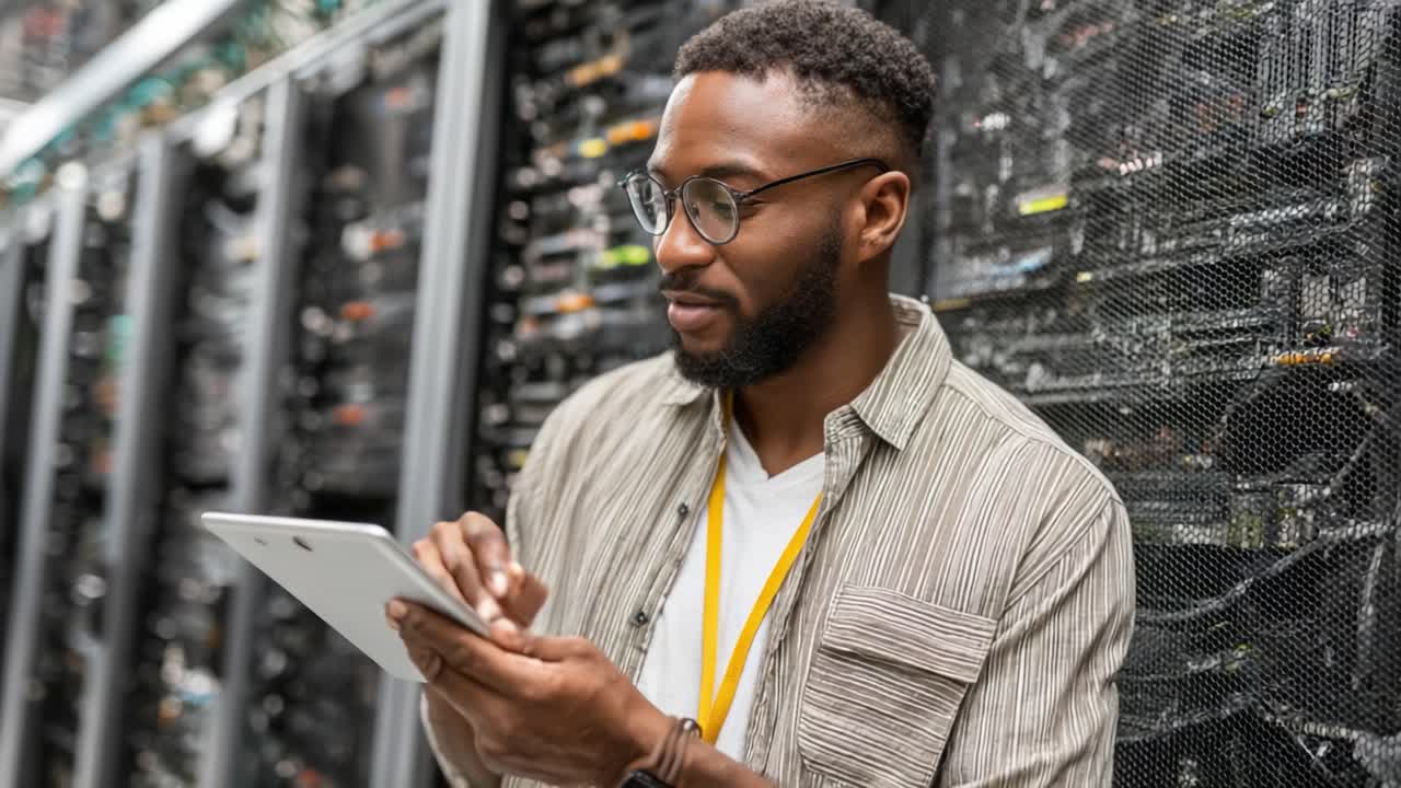 En fokuseret person bruger en tablet i et højteknologisk serverrum, hvilket viser integrationen af teknologi og ekspertise i et moderne datamiljø