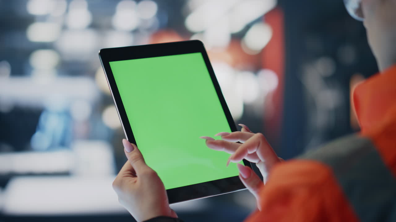 크로마 키 태블릿을 들고 있는 기술자가 생산 데이터 공장을 자세히 분석하고 있습니다.