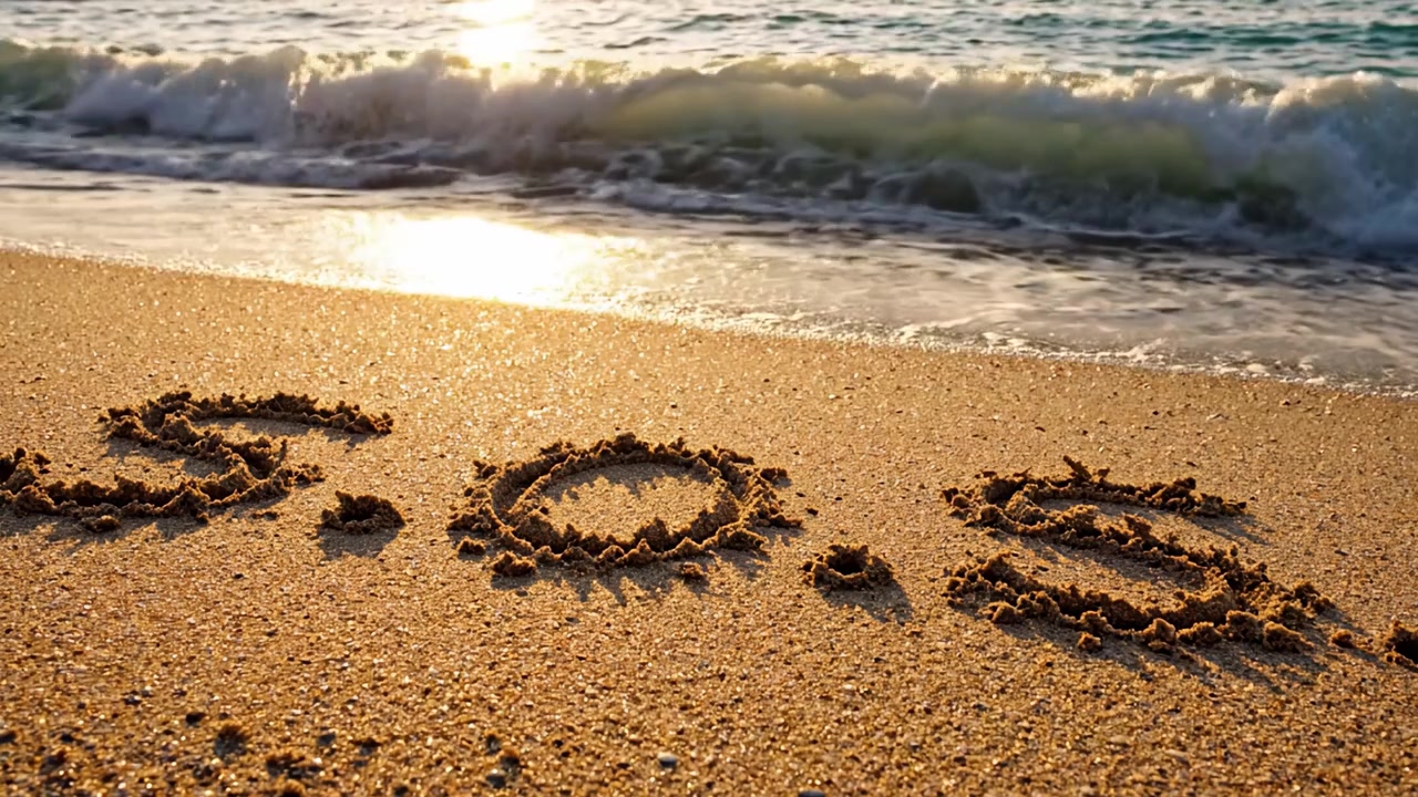 Un segnale di soccorso scritto nella sabbia: il messaggio urgente 'SOS' inciso su una spiaggia su uno sfondo di onde tranquille e luce solare riflessa.