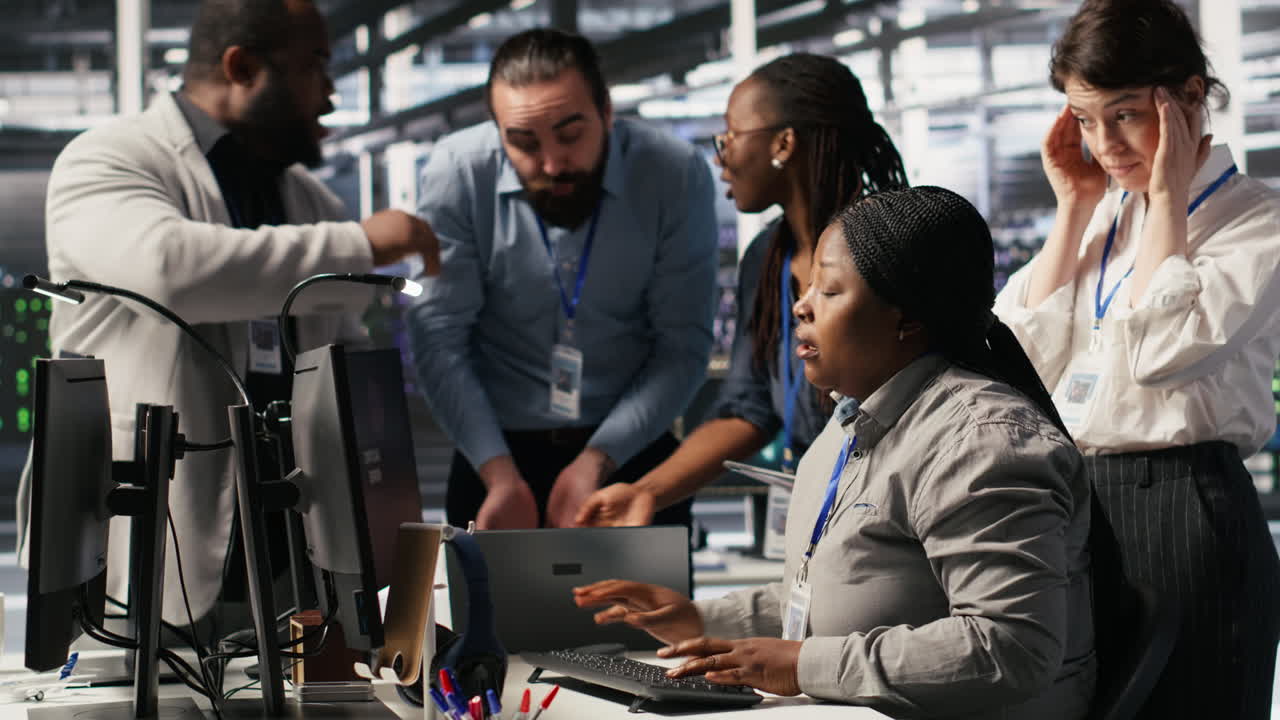 Vertical video Engineering team in data center panicking after receiving critical error popup