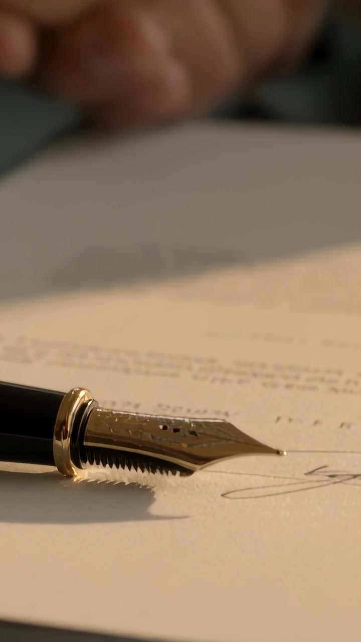 Vertical video: Entering adult hand settling near gold nib pen on desk, revealing signed document