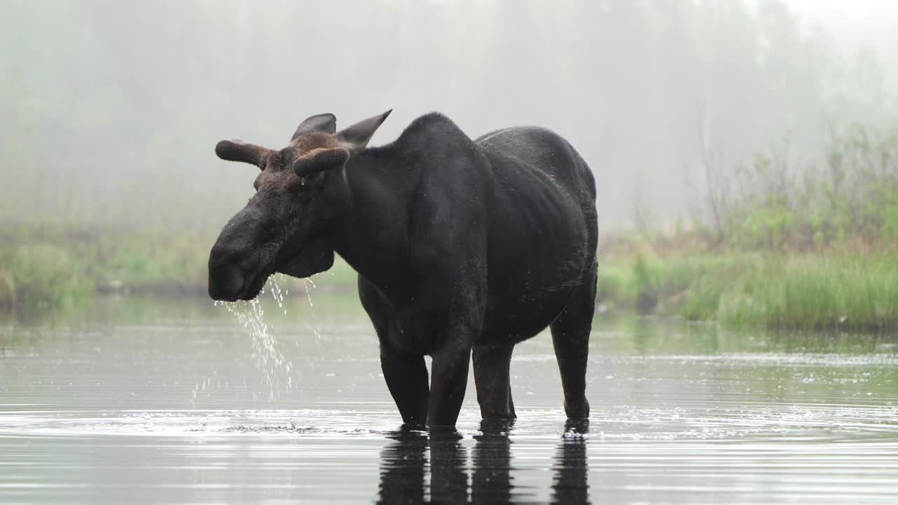 un alce toro se encuentra en un estanque poco profundo en una mañana de niebla alimentándose de plantas acuáticas y levantando la cabeza