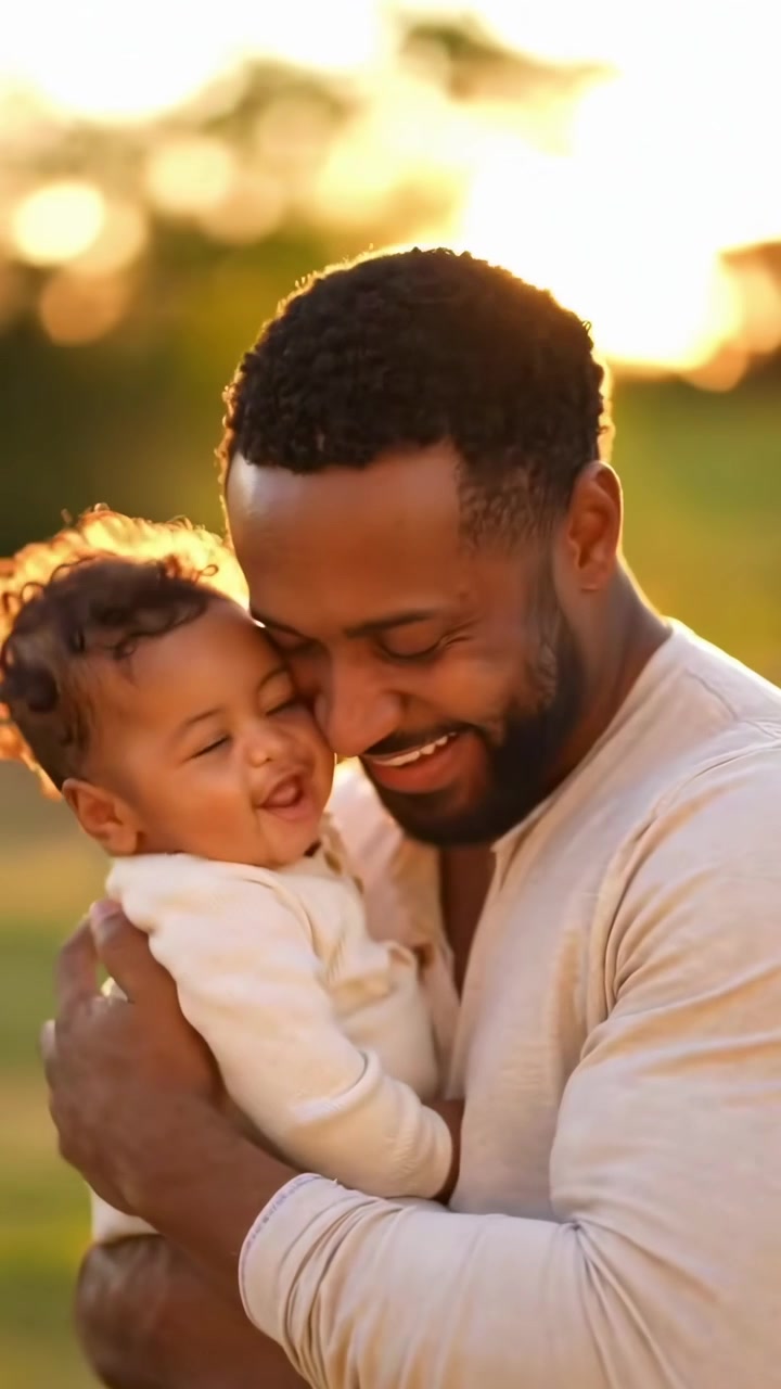Pai Carinhoso Segurando e Brincando com Seu Bebê ao Ar Livre ao Pôr do Sol