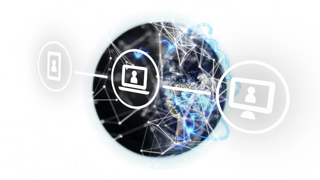 Tech globe rotating in frame, devices sliding in and powering blue network for global links
