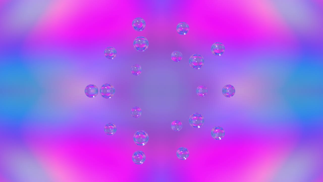 Abstract glass sphere merging and multiplying suspended within a flowing spectrum vaporwave gradient
