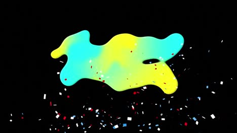 animation of blue red and white confetti over blue and yellow stain on black background