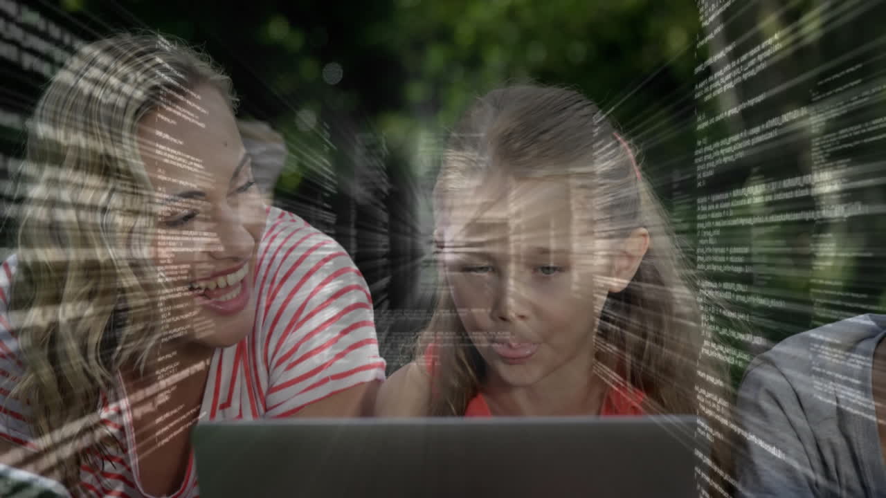 Mother guiding daughter and son using laptop for tech learning showing streaming code lines in yard