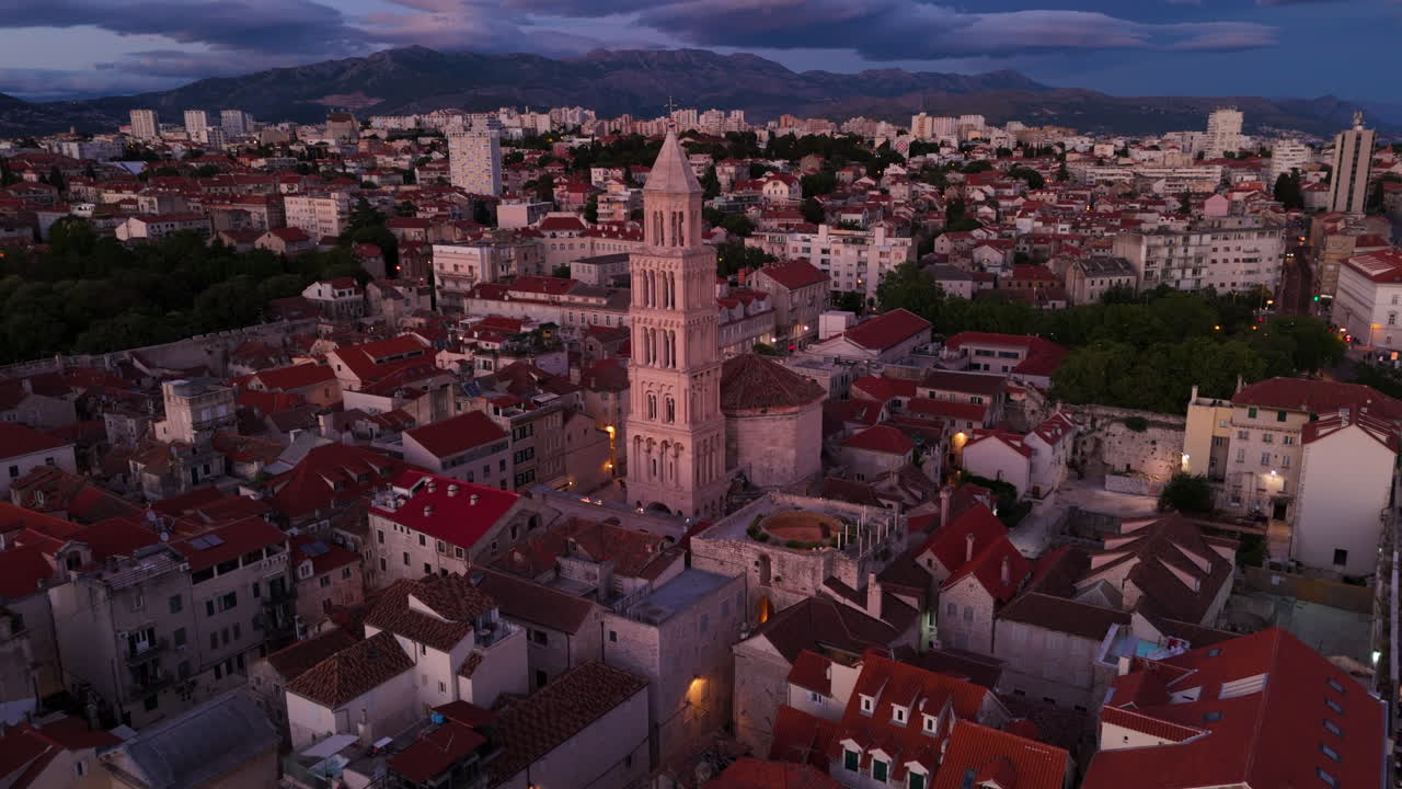 The Bell Tower Of St. Domnius Cathedral During Sunset In Split, Croatia. Aerial Drone Shot