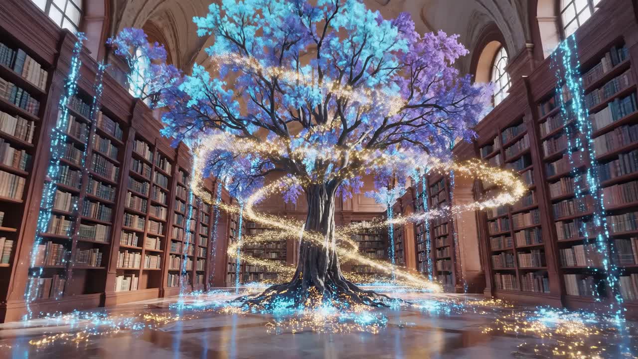 Enchanted Tree in a Grand Library