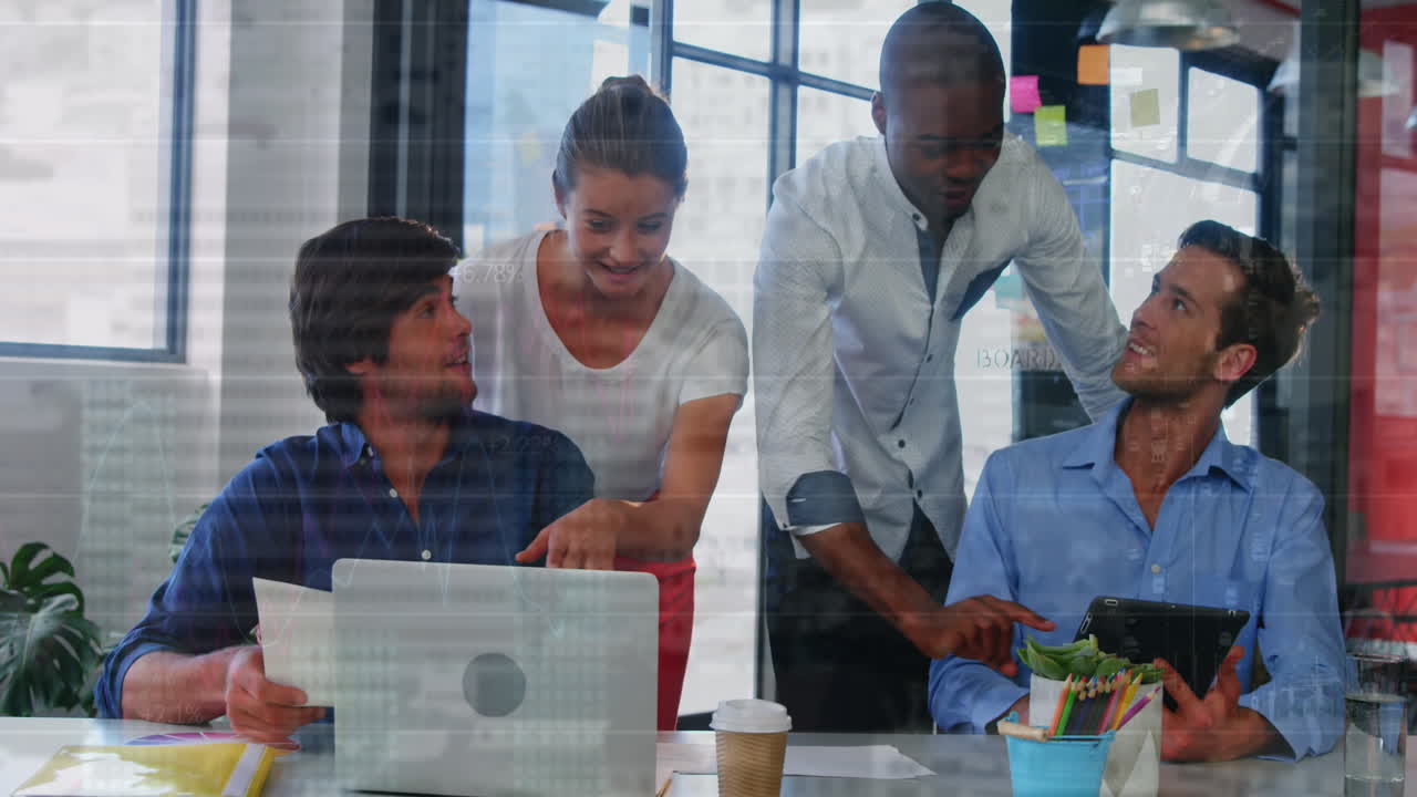 Animation of financial data processing over diverse business people using laptop