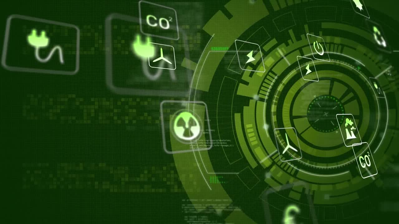 animación del procesamiento de datos y iconos digitales ecológicos sobre el giro del alcance