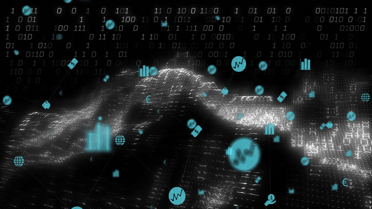 바이너리 코드 및 데이터 분석 아이콘을 디지털 풍경 애니메이션으로 표시합니다.