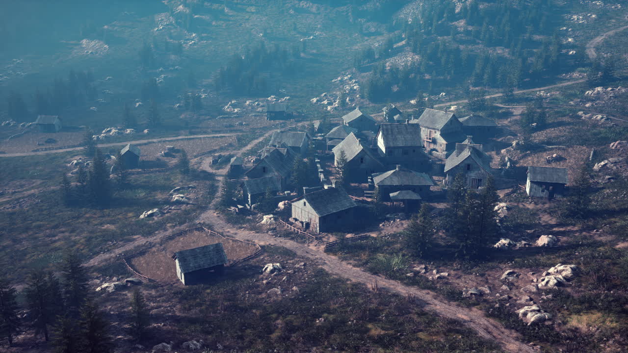 바위 산의 배경에 있는 오래된 나무 마을