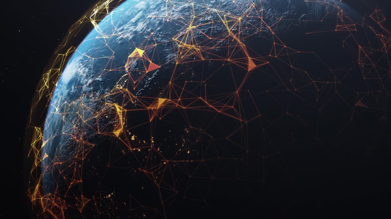 3D Render of Earth With Orange Satellite Trails, Communication, Connected Signals, Digital Signals, Global Coverage