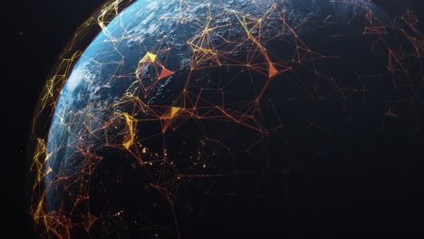 3D-Render-of-Earth-With-Orange-Satellite-Trails,-Communication,-Connected-Signals,-Digital-Signals,-Global-Coverage