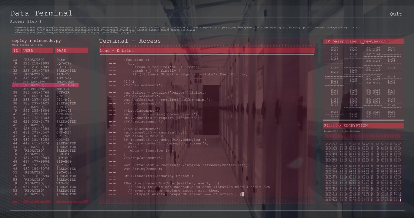 On deploy, Terminal fading in, populating user table and scrolling code showing script deployment