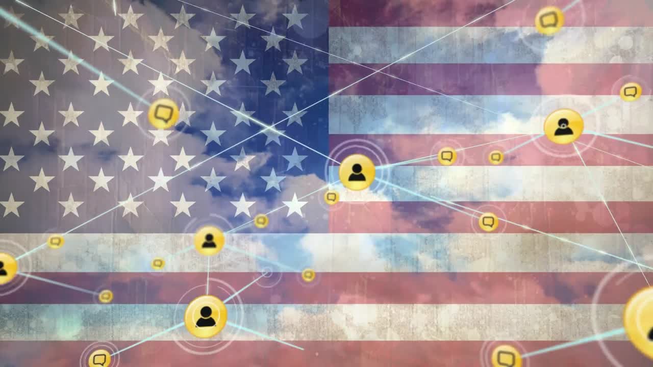 Animazione di icone di profilo e messaggio connesse da linee su una bandiera americana e nuvole.